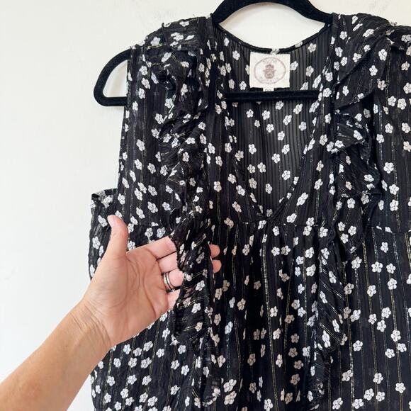 Muche et Muchette Black Daisy Floral Lurex Ruffle Semi Sheer Blouse Tank OS / M - Picture 5 of 10